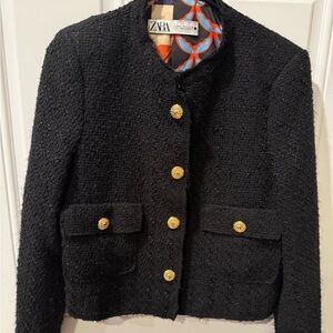 Zara Black Textured Blazer with Gold Accents